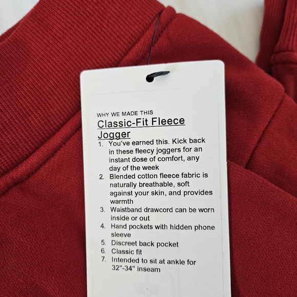 Lululemon Classic Fit Fleece Jogger CLCN College Crimson Pants Men's Size Large - Picture 2 of 9